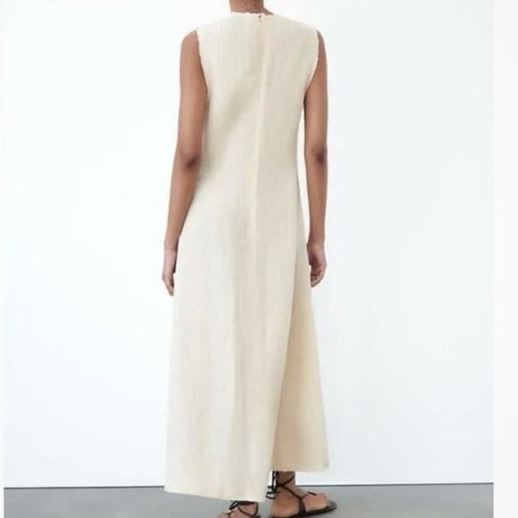 NWT ZARA 100% Linen Minimalist Sleeveless Shift Natural Vanilla  Midi Dress - Picture 2 of 14